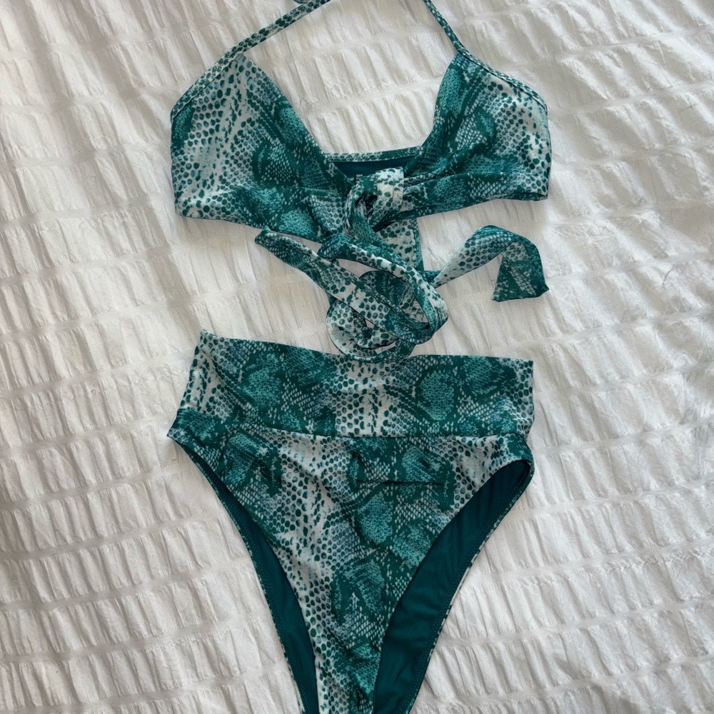 Aerie Front-Tie Turqoise Reptile Print Two-Piece Swimsuit